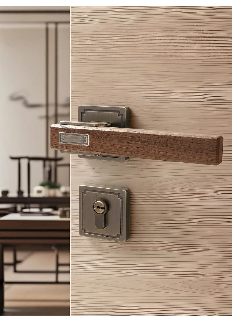 Chinese Style Indoor Household Bedroom Door Lock Magnetic/silent Split Walnut Wood Door Handle Lock