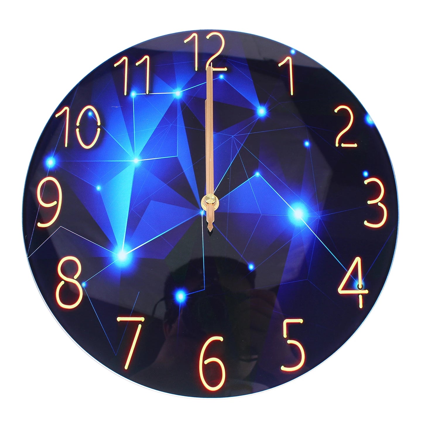 12inch Round Ultra-Thin Tempered Glass Wall Clock, Diamond Large Wall Clock, Blue Round Interior Modern Decorative Silent