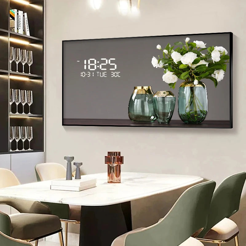 Large Size Flower Pattern Digital Wall Clock with LED Light,Creative Luxurious Muted Quartz Wall Clock for Home Decoration