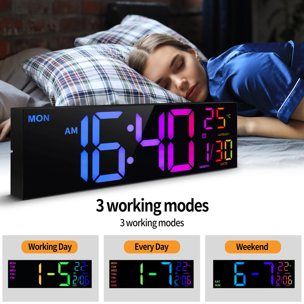 16" B Large Digital Wall Clock, Big LED Display with Remote, 8 RGB Color, Alarm, DST, Temperature for Living Room, Office