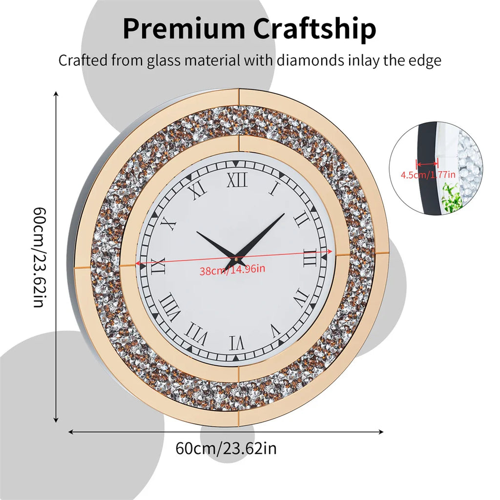 LUVODI 32inch Modern 3D Wall Clock Large Diamond Crystal Living Room Kitchen Bedroom Hall Clock with Roman Numerals
