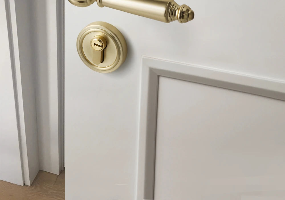 French door lock for indoor and household use, copper brushed matte wood door, split handle, bedroom silent lock