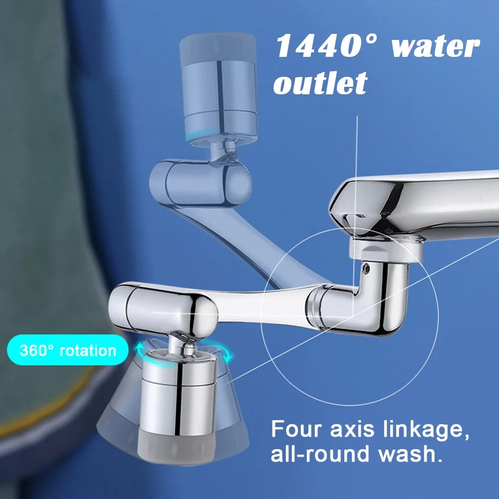1080° bathroom water tap nozzle with universal rotation and two spray modes in chrome finish, featuring four axis linkage for an all-round wash.