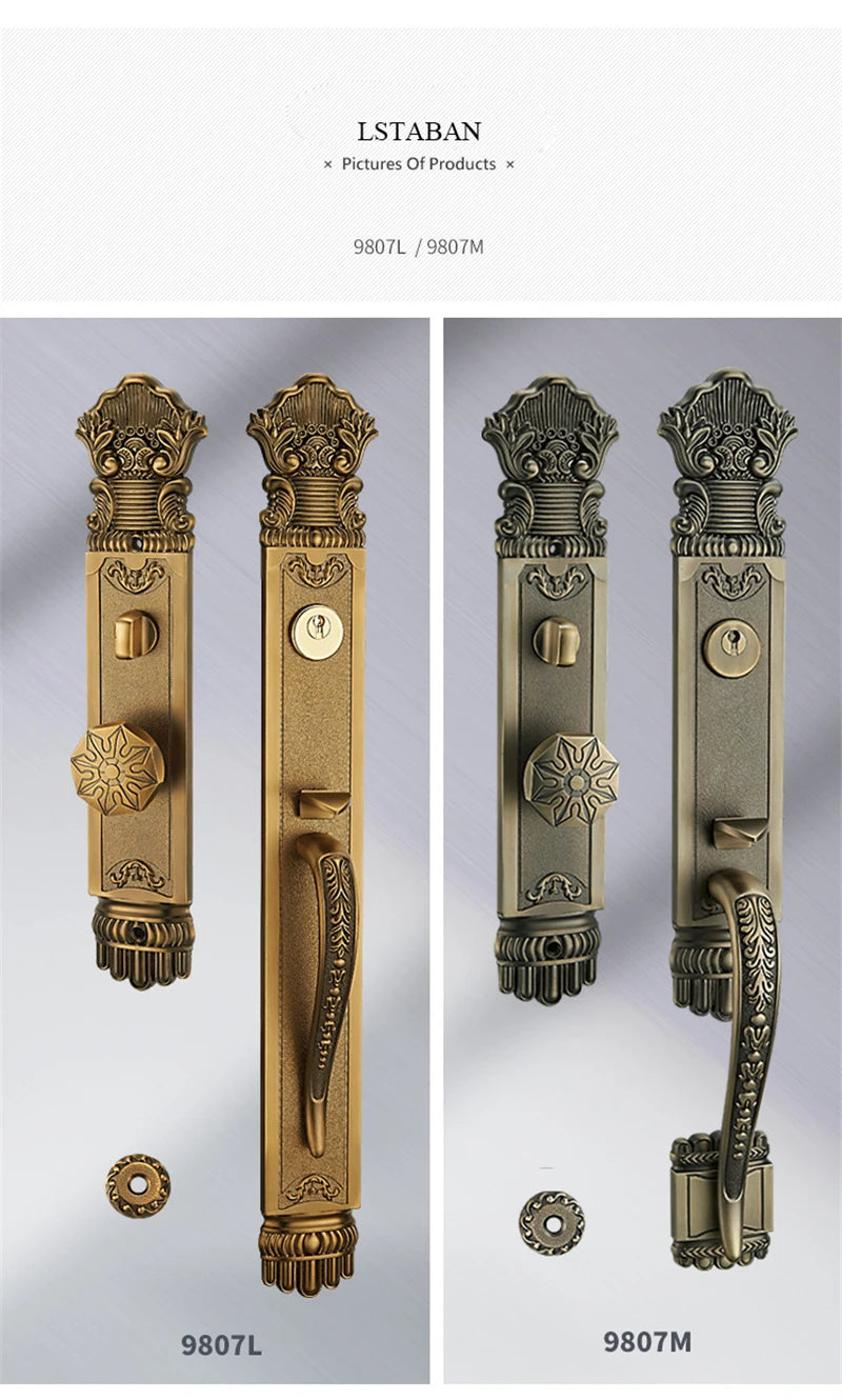 Luxury European Solid wood Villa Interior Door Lock Gate Outdoor Double Open Yellow Bronze Wooden Door Lock