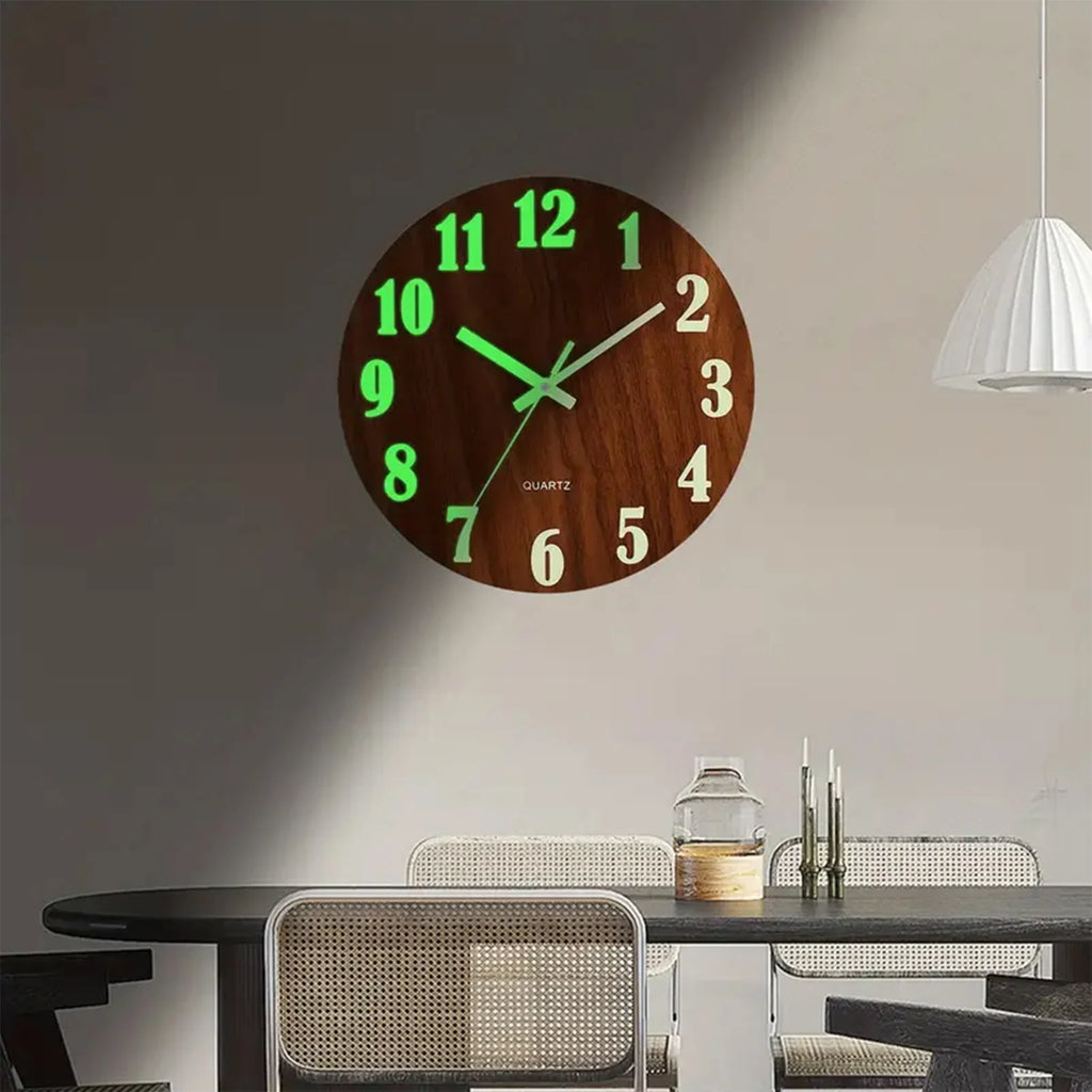 12 Inch Wooden Luminous Wall Clock with Silent Non-Ticking Mechanism for Living Room or Office Decor.