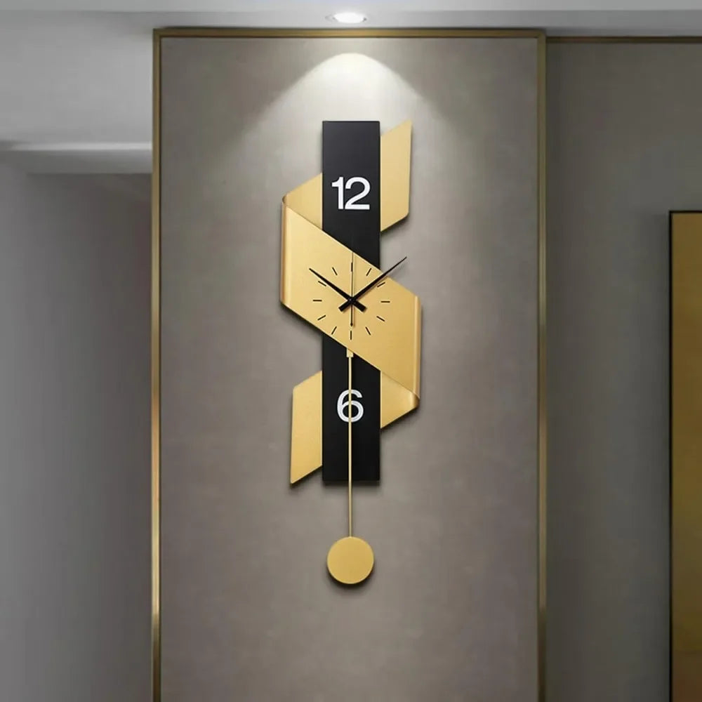 Modern Decorative Wall Clock with Pendulum - Elegant Black and Gold Ribbon Design, Battery Operated, Iron Construction