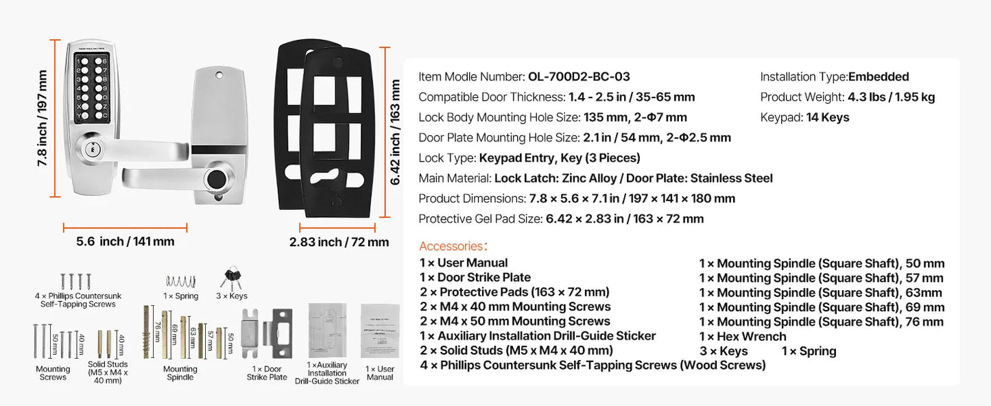 SucceBuy Mechanical Keyless Entry Door Lock 14 Key Mechanical Door Lock Mechanical Keypad Door Knob Single-Side Keyless Lock