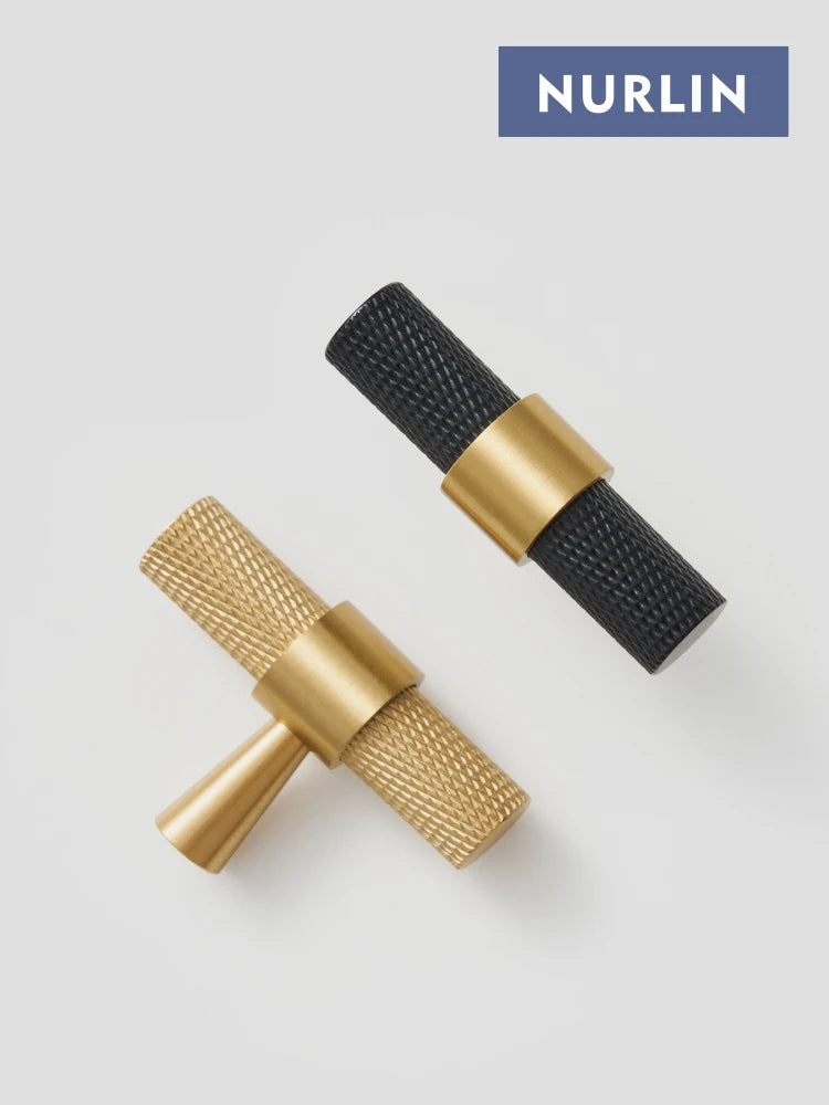 Nurlin Brass Diamond Cut Cross Knurl Pattern Cabinet Door Handles in Gold and Black T-Bar Design