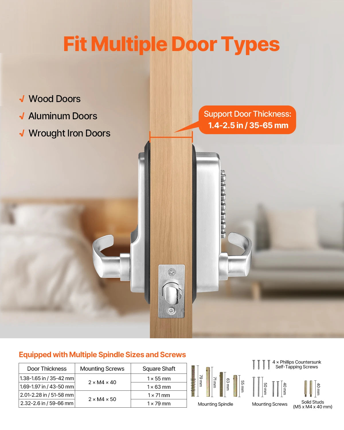 SucceBuy Mechanical Keyless Entry Door Lock 14 Key Mechanical Door Lock Mechanical Keypad Door Lock Handle Stainless Steel Lock