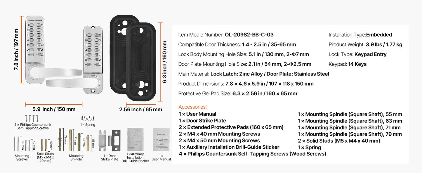 SucceBuy Mechanical Keyless Entry Door Lock 14 Key Mechanical Door Lock Mechanical Keypad Door Knob Single-Side Keyless Lock
