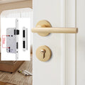 Matte brushed gold indoor bedroom door lock with silent operation and split design, shown on a white wooden door with a 58mm internal mechanism detail.
