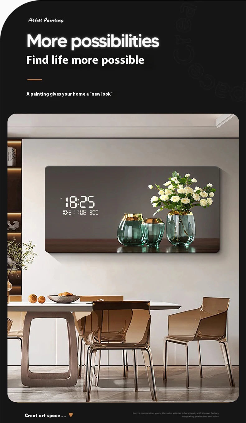 Large Size Flower Pattern Digital Wall Clock with LED Light,Creative Luxurious Muted Quartz Wall Clock for Home Decoration