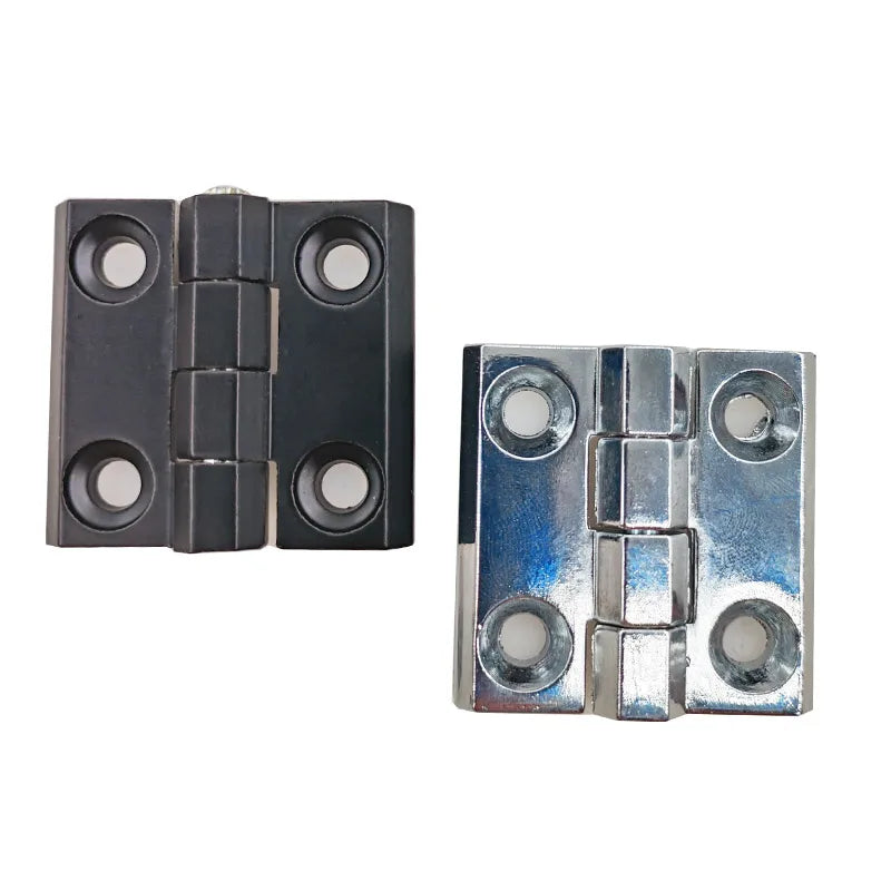 Two zinc alloy cabinet door hinges with stainless steel finish, featuring black and silver color variations, displayed on a white background.