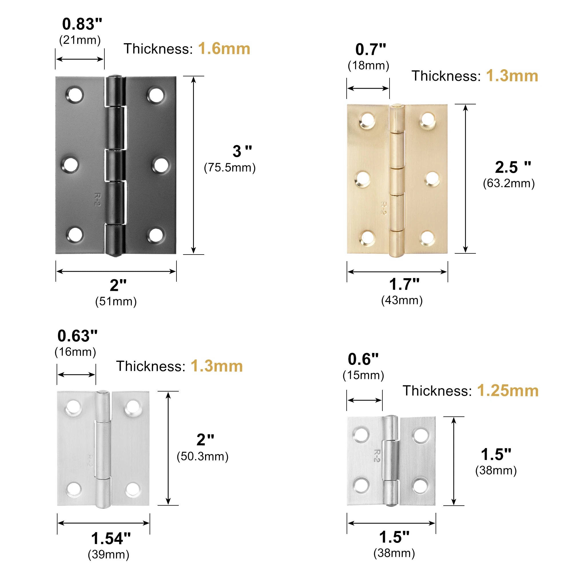270 Degree Cabinet Hinges in Premium Stainless Steel with various thicknesses and finishes, including black, brass, and silver.
