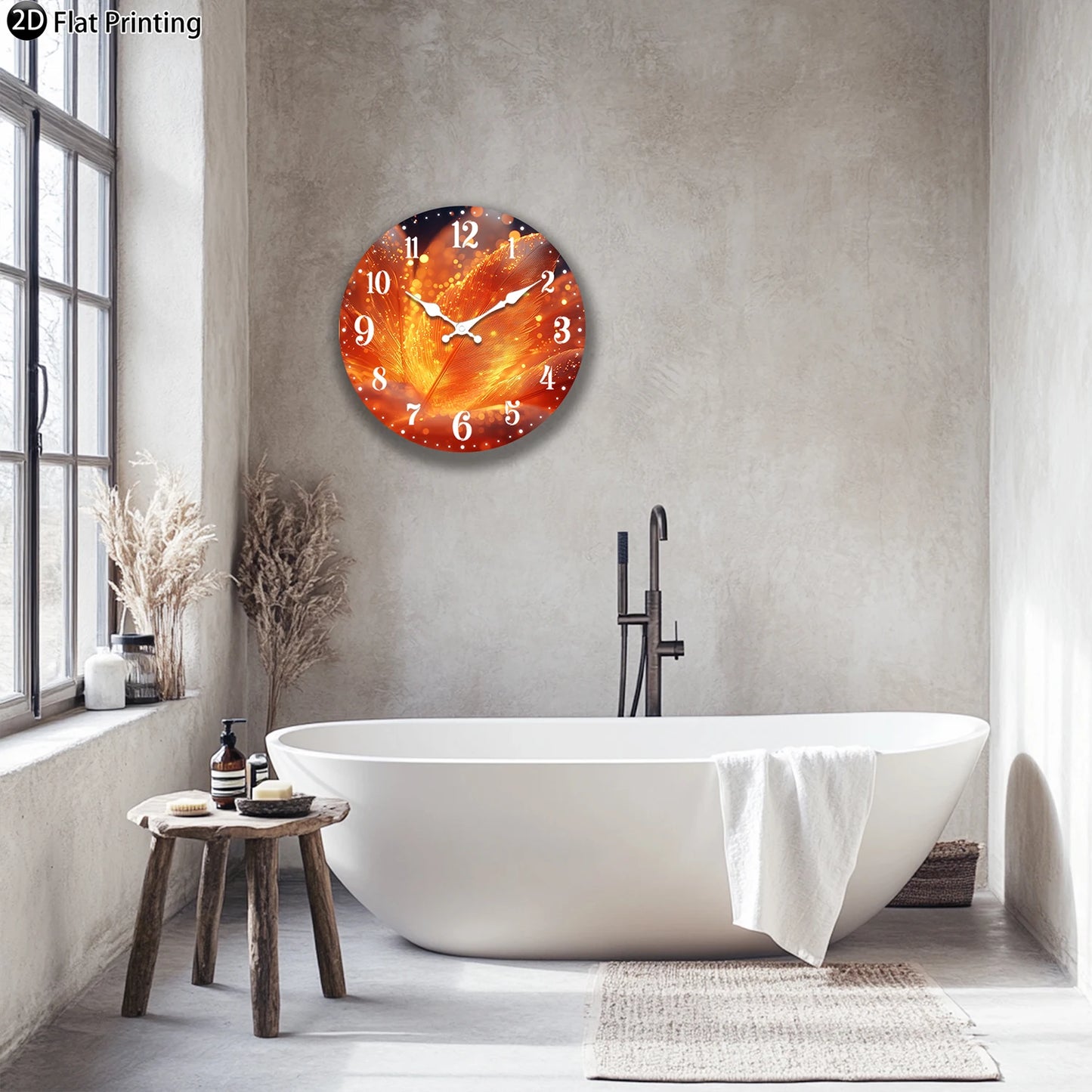 Wooden Silent Wall Clock Abstract glowing feathers Quartz Analog Clock for Bedroom Bathroom Halloween New Year Gift