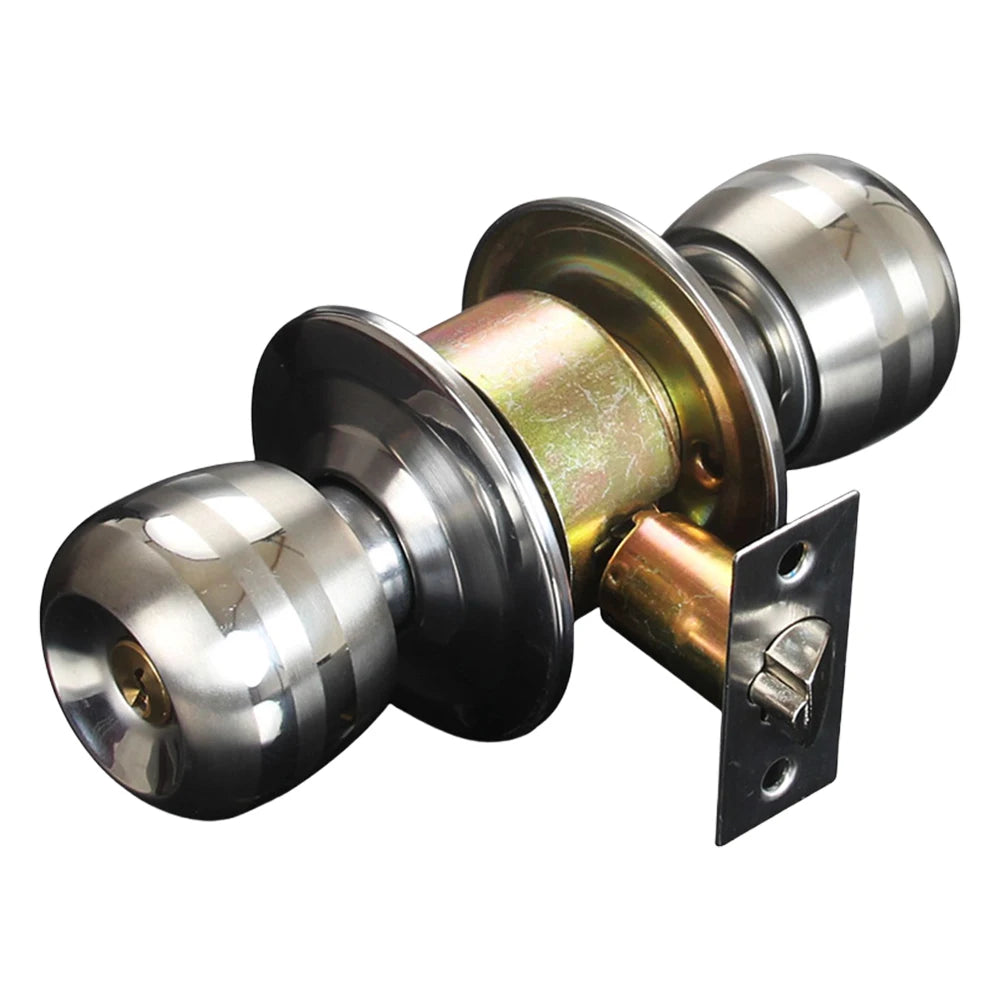 Keyed entry door knob set with lock, round stainless steel door handles for indoor use in bedrooms or bathrooms.