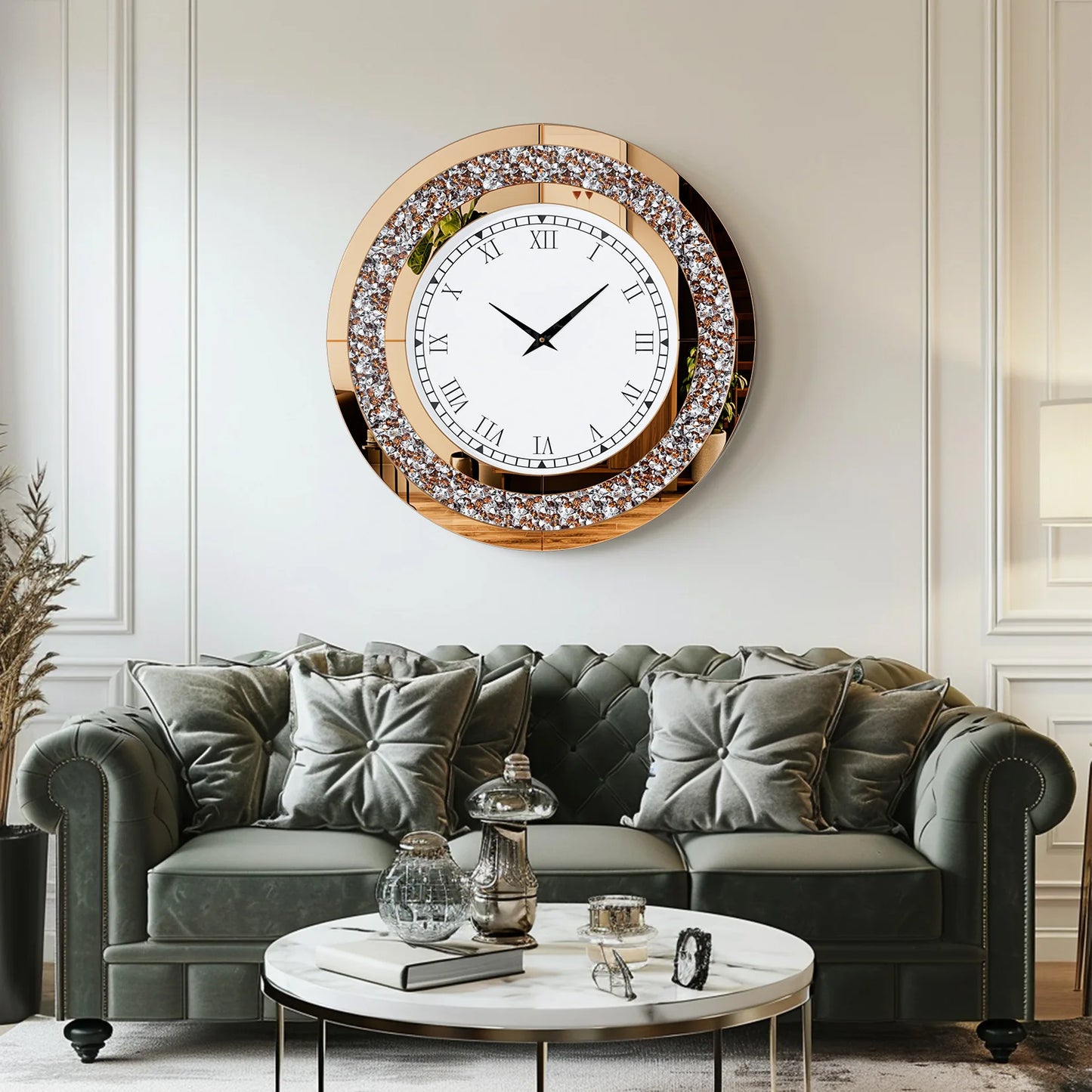Silver,Tawny Tinted Round Mirror ,24inch Crystal Sparkle Twinkle Bling Crush Diamond Large Mirrored Wall Clock for Living Room