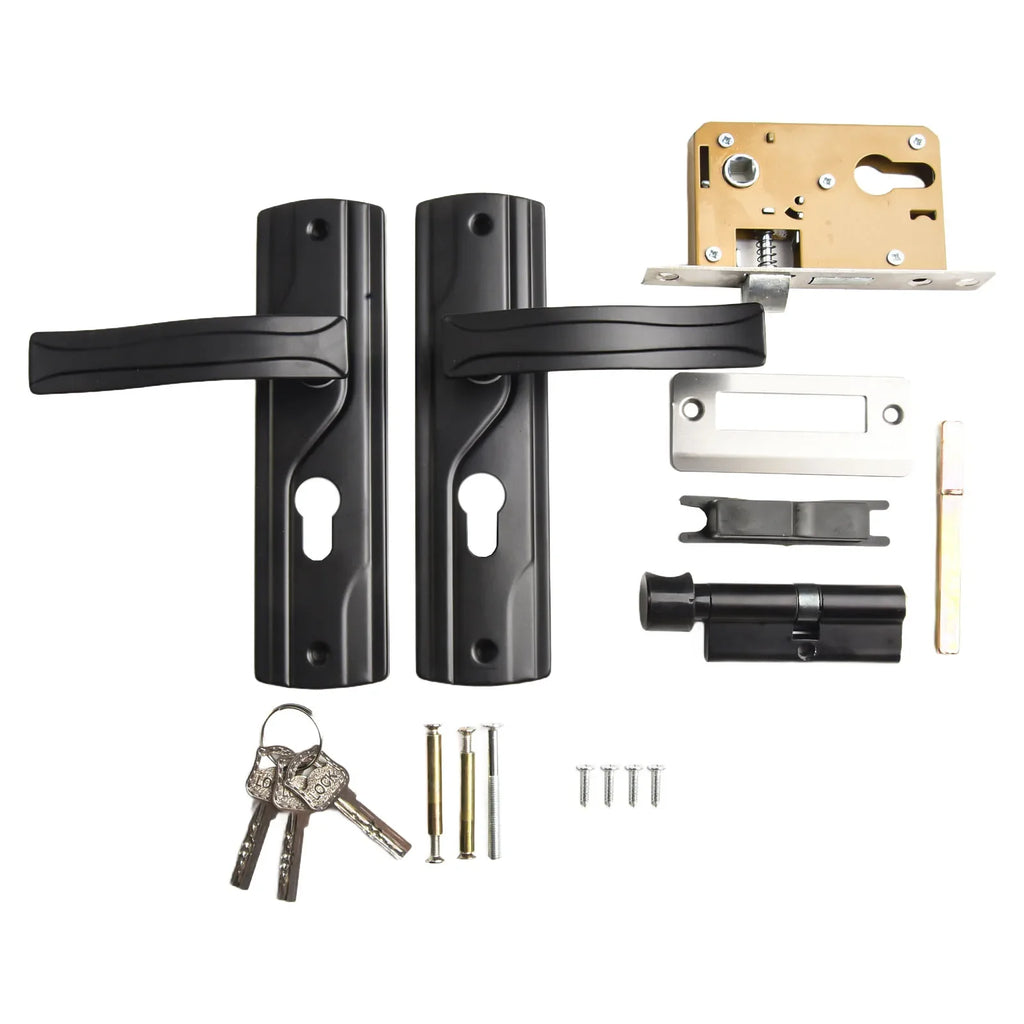 Elegant black door handle lock set for bedroom doors with easy installation and high-quality material.