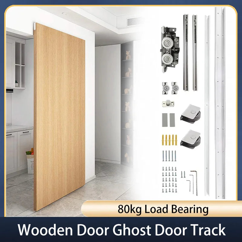 Hidden Wooden Door Ghost Door Track Hardware Kit with 80kg Load Bearing Capacity for Doors 700mm-1500mm Wide