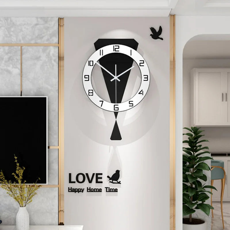 Luxury swinging wall clock with geometric design and silent mechanism, featuring decorative text and bird silhouette, ideal for living room or restaurant entrance.