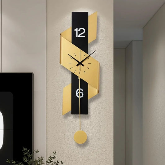 Modern Decorative Wall Clock with Pendulum - Elegant Black and Gold Ribbon Design, Battery Operated, Iron Construction