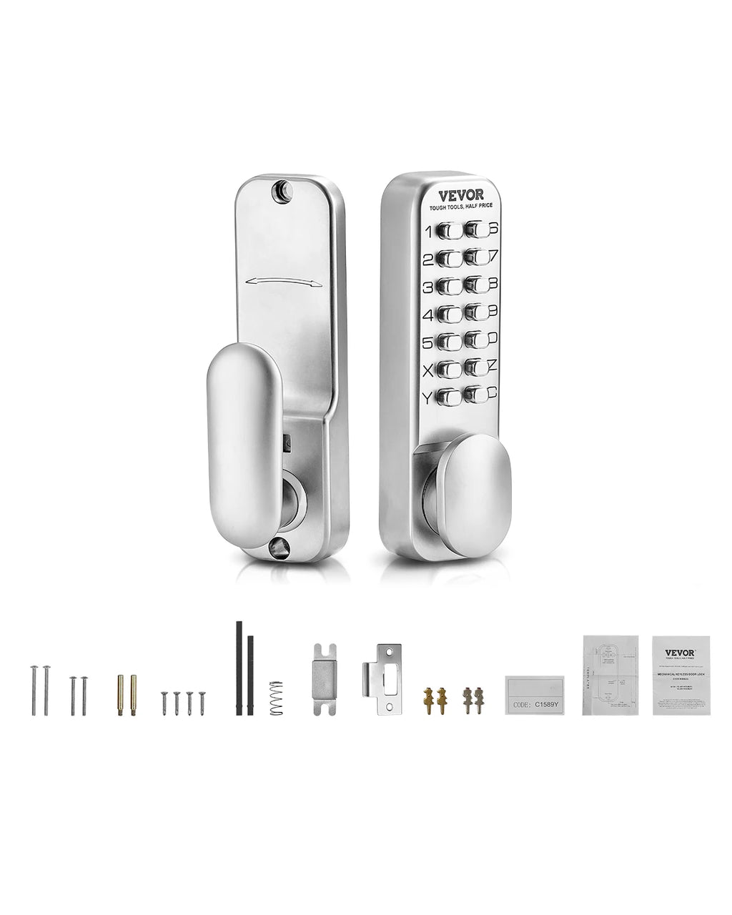 Keyless entry door lock with numeric keypad and mounting hardware in silver finish against a white background.