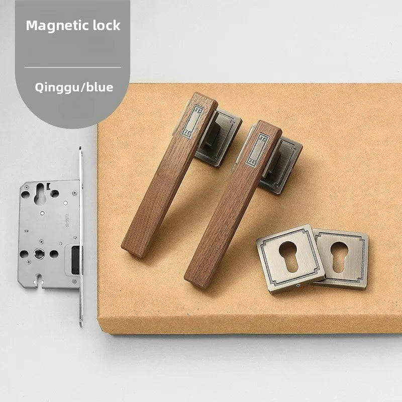Chinese Style Indoor Household Bedroom Door Lock Magnetic/silent Split Walnut Wood Door Handle Lock