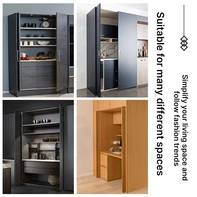 Hidden butterfly door slide hardware for cabinets with side-mounted plug-in folding door kit, shown in various home settings.