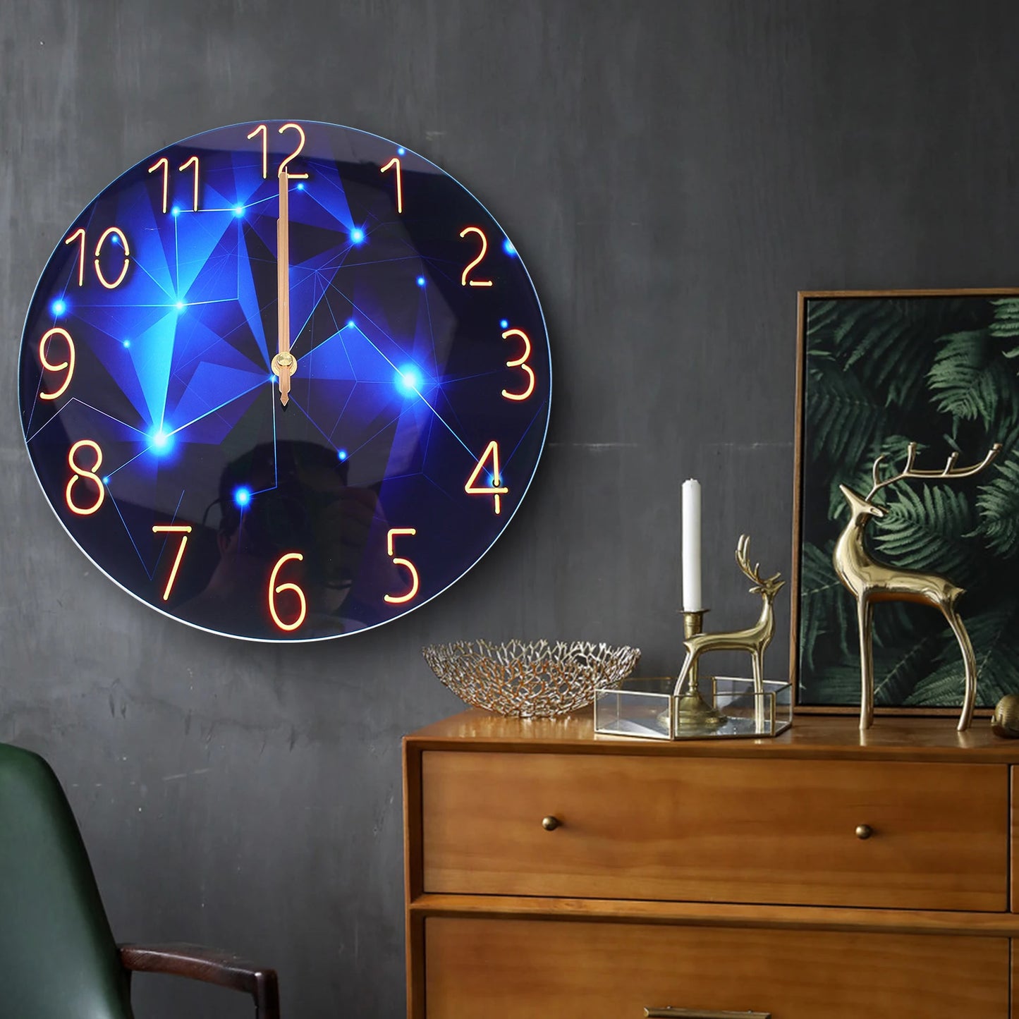 12inch Round Ultra-Thin Tempered Glass Wall Clock, Diamond Large Wall Clock, Blue Round Interior Modern Decorative Silent