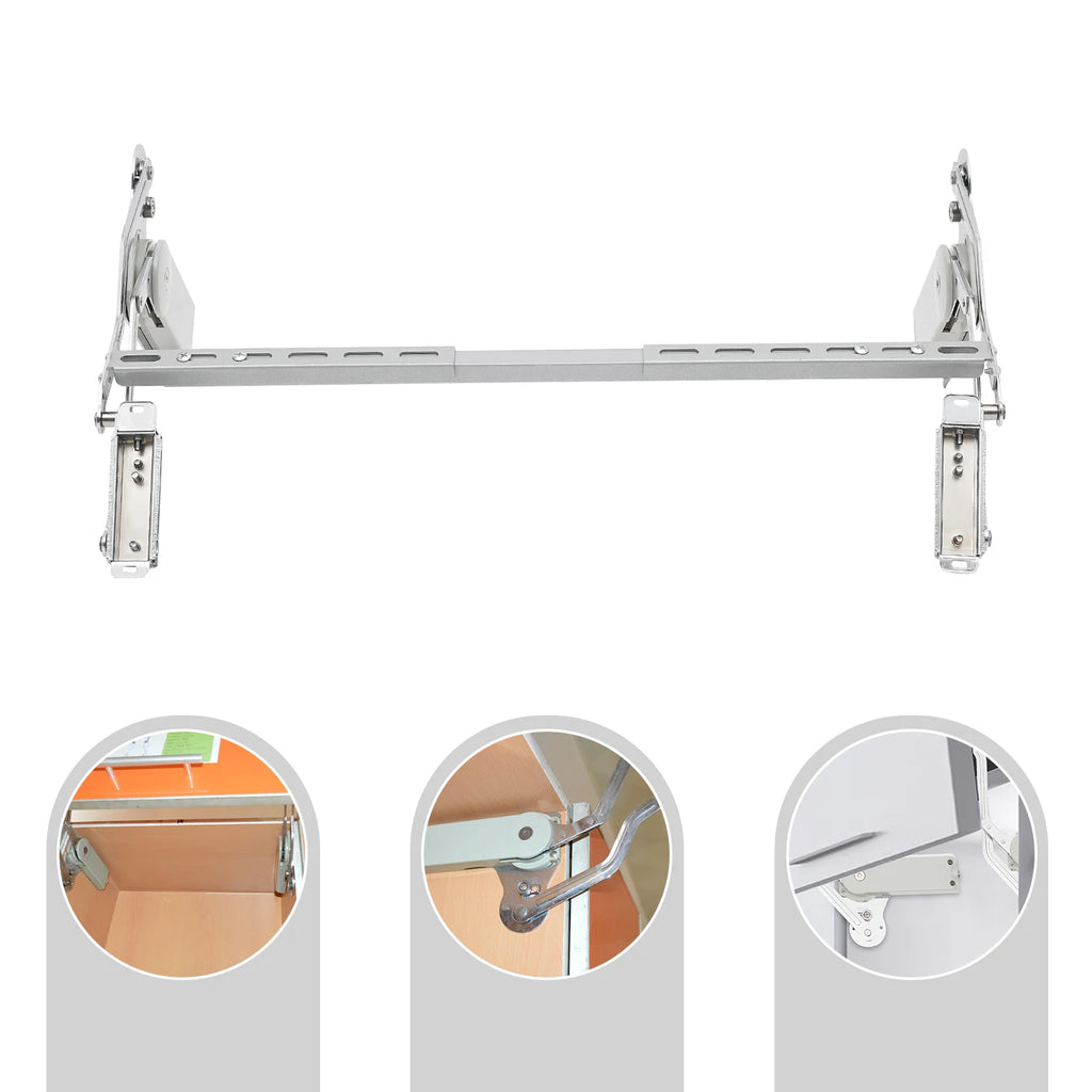 Hydraulic buffer cabinet hinge with adjustable brackets shown in various cabinet settings.