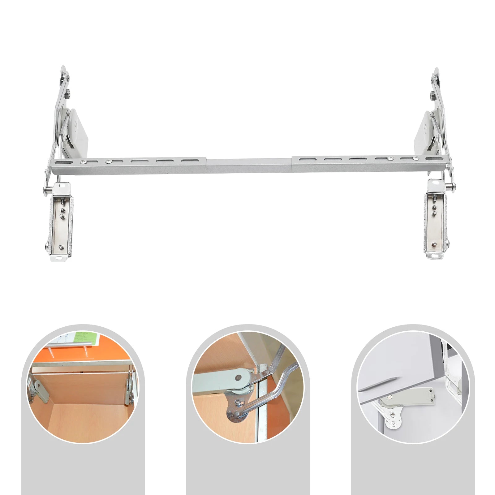 Hydraulic buffer cabinet hinge with adjustable brackets shown in various cabinet settings.
