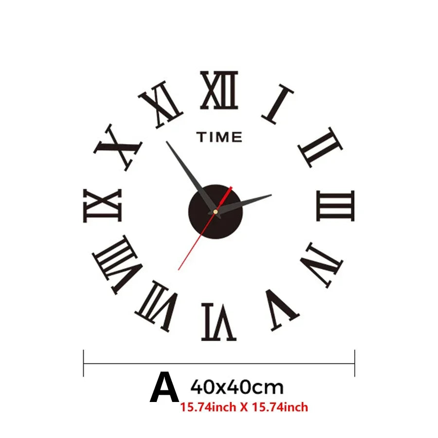 Large 3D DIY Silent Wall Clock with Roman Numerals in Black, 40x40 cm, Punch-Free Sticker Installation