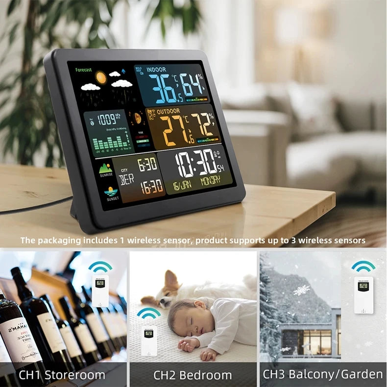 Wireless Weather Station with Colorful Display, Wall Digital Clock, Dual Alarm Clock, Barometer, Thermometer, Hygrometer