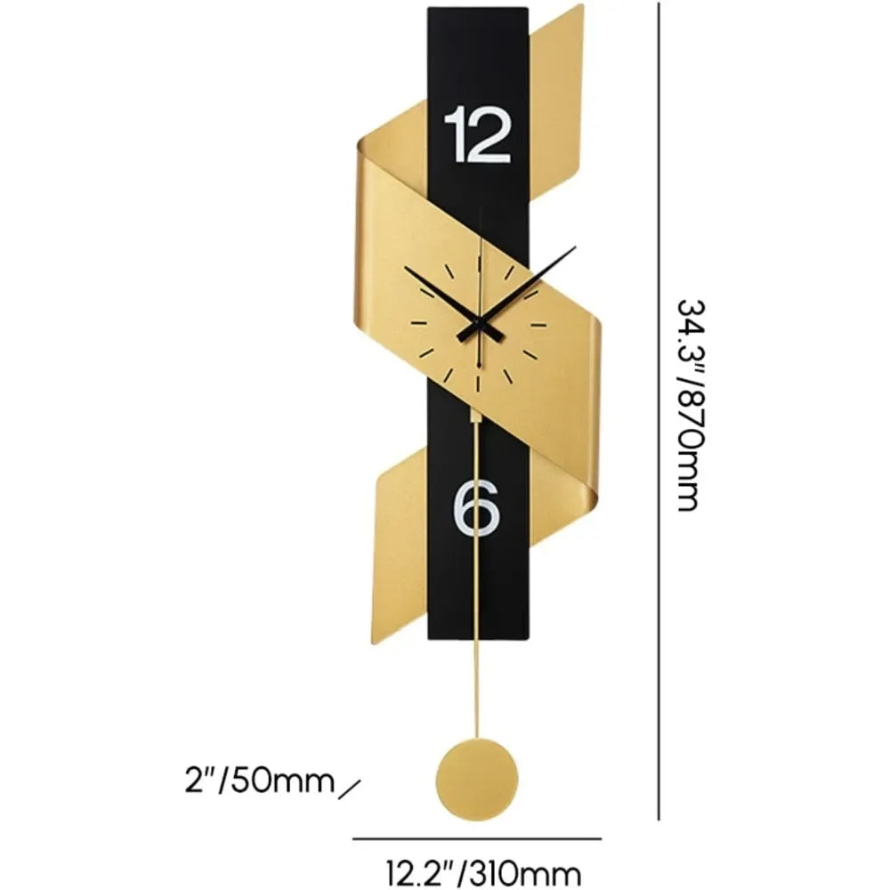 Modern Decorative Wall Clock with Pendulum - Elegant Black and Gold Ribbon Design, Battery Operated, Iron Construction