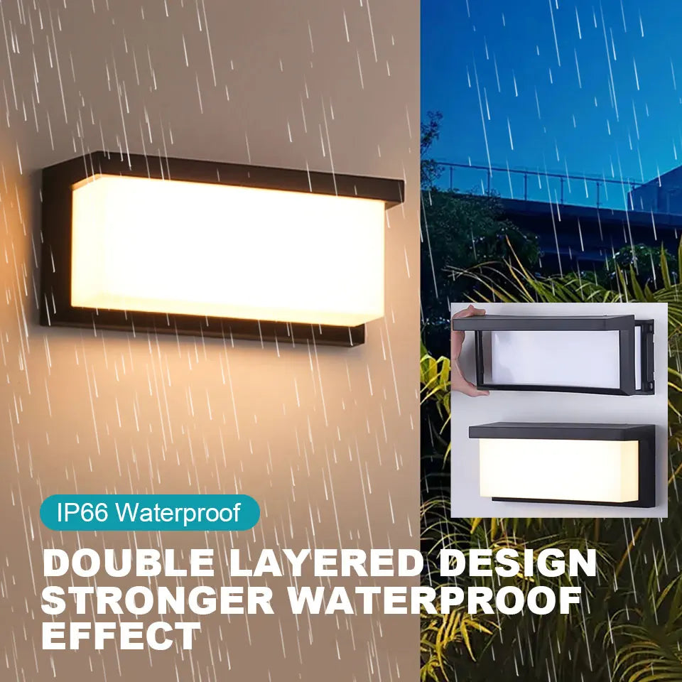 Modern LED wall light with sensor and IP66 waterproof rating, shown in a rainy setting to emphasize durability and design.