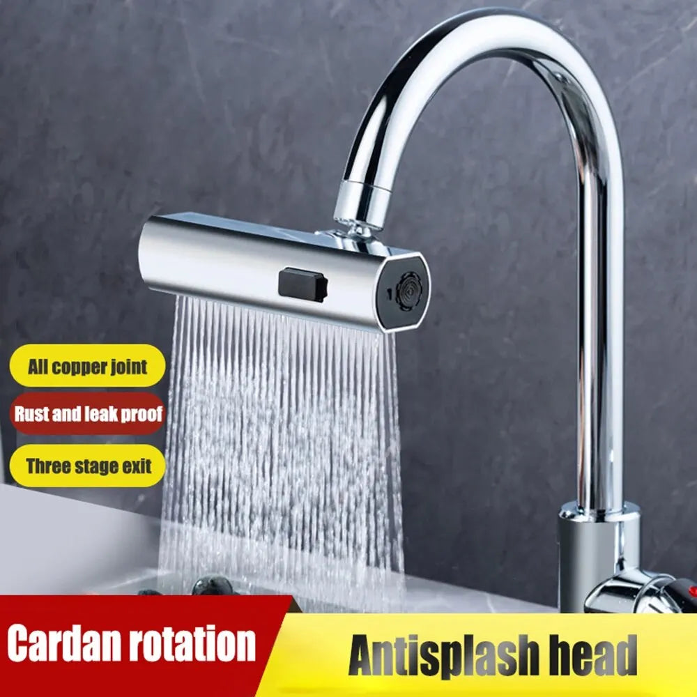 Feiyu three level waterfall faucet extension with rotatable universal joint, anti-splash and rust-proof features.