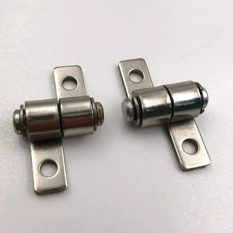 Stainless steel hinges with cylindrical pivots and mounting holes, ideal for durable applications.