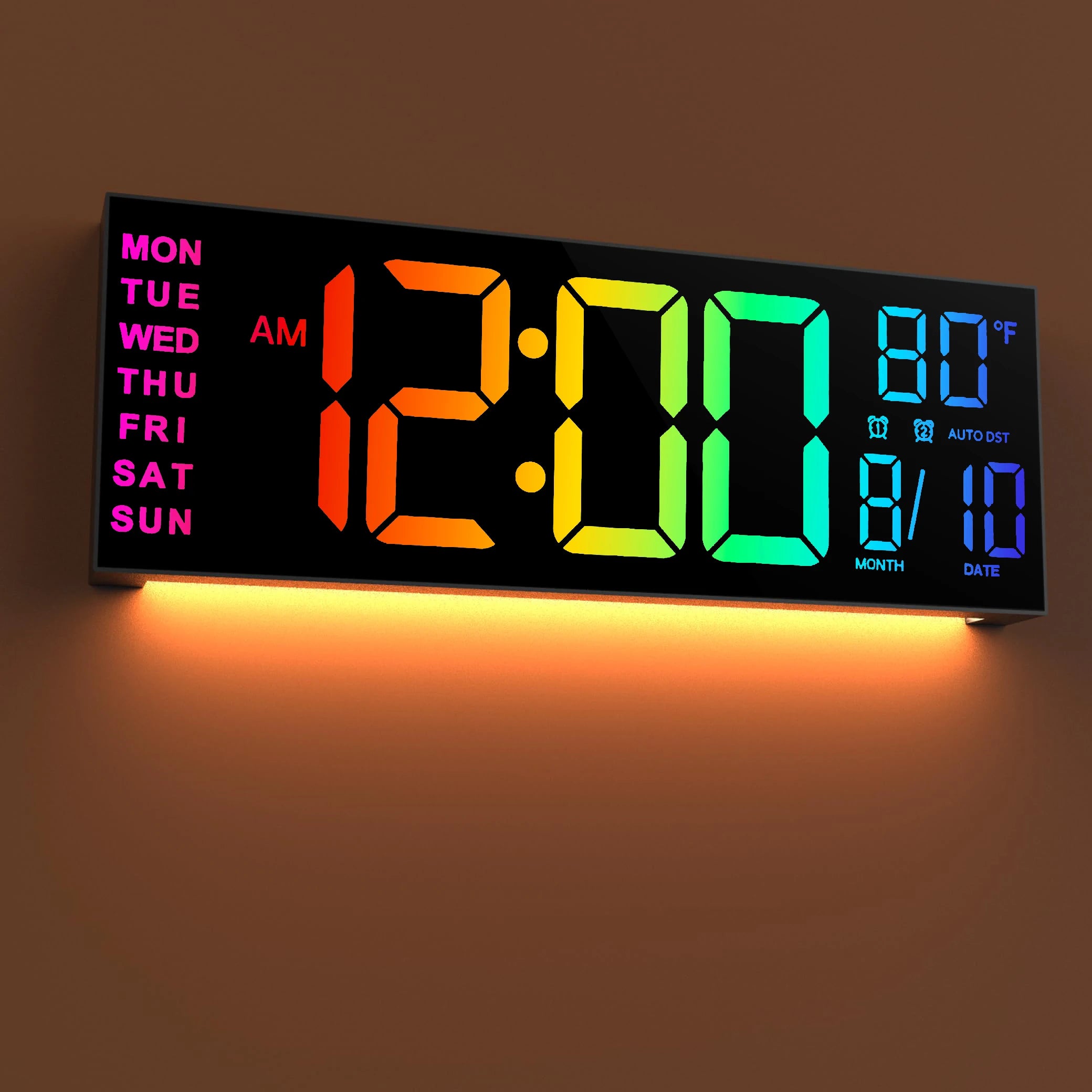 16" B Large Digital Wall Clock, Big LED Display with Remote, 8 RGB Color, Alarm, DST, Temperature for Living Room, Office
