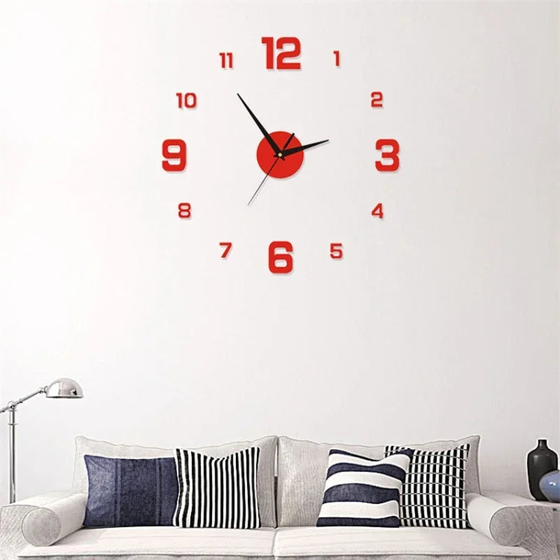 3D Luminous Wall Clock Frameless Acrylic DIY Digital Clock with Red Numbers and Black Hands on White Wall
