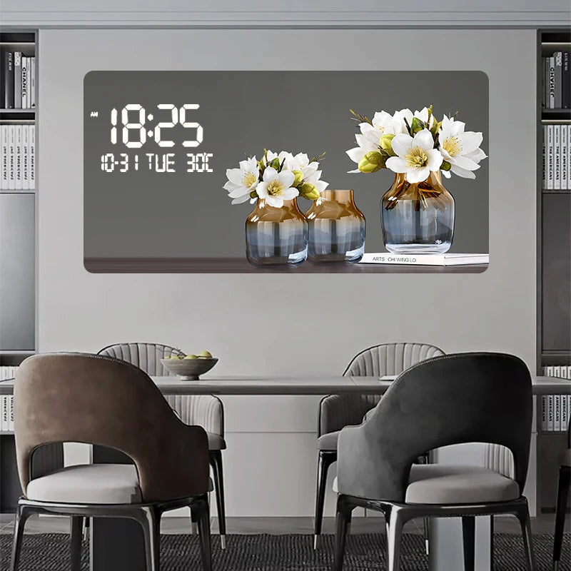 Large Size Flower Pattern Digital Wall Clock with LED Light,Creative Luxurious Muted Quartz Wall Clock for Home Decoration