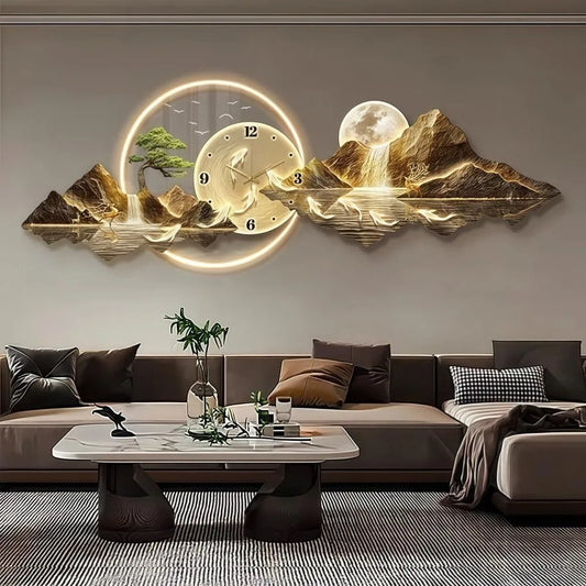 Modern 3D LED Wall Clock, Mountain View Decoration, Elegant Wall Art Clock for Home Decoration Living Room, Bedroom, Office(Smal