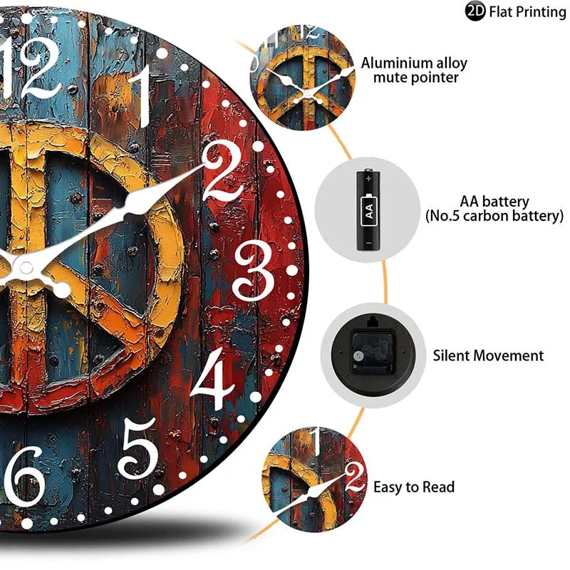 Wooden Silent Wall Clock Abstract peace symbol art Quartz Analog Clock Farmhouse,Office Idea Christmas Halloween