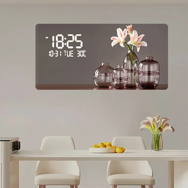 Large Size Flower Pattern Digital Wall Clock with LED Light,Creative Luxurious Muted Quartz Wall Clock for Home Decoration