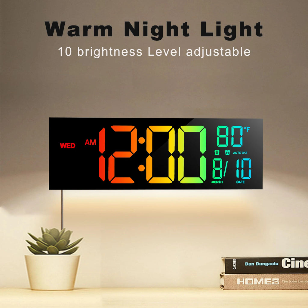 16" B Large Digital Wall Clock, Big LED Display with Remote, 8 RGB Color, Alarm, DST, Temperature for Living Room, Office