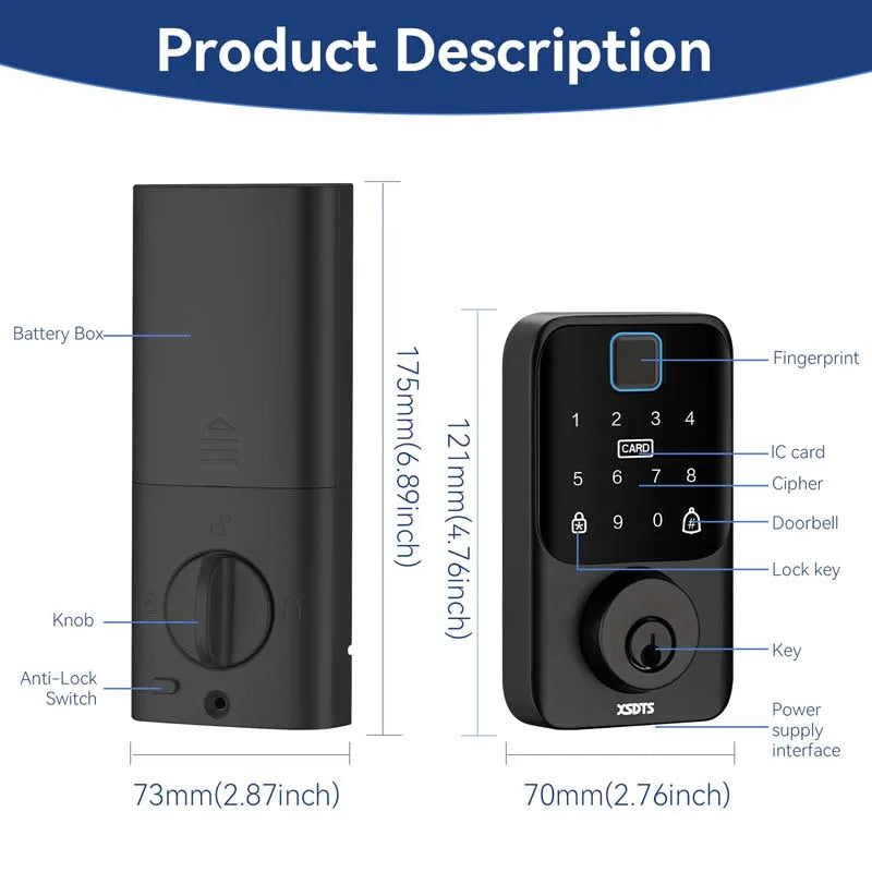 XSDTS Entry Smart Door Lock IC Card Key/Password/Fingerprint Tuya Smartlife APP Unlock Front Door Smart Lock Deadbolt