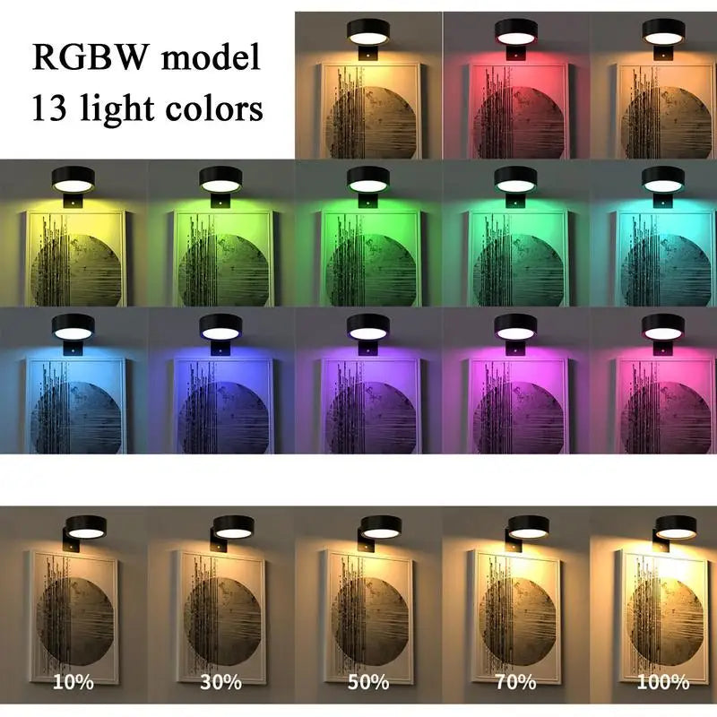 LED Magnetic Wall Sconce Lights with Remote Control displaying 13-color RGB lighting and dimmable settings, ideal for art displays.
