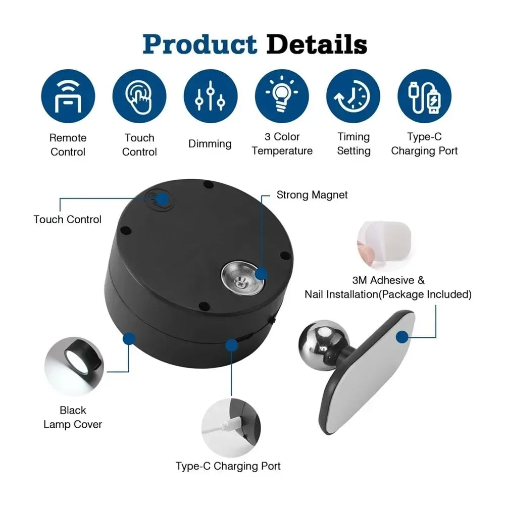 LED Wall Sconces light, 3 Brightness Levels 3 Color Modes Wall Lights Battery Operated 360° Rotatable Touch Control Wall lamp