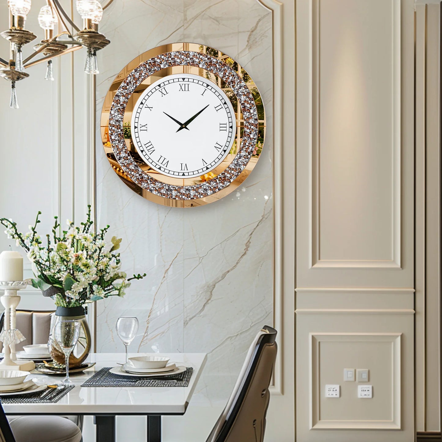 Silver,Tawny Tinted Round Mirror ,24inch Crystal Sparkle Twinkle Bling Crush Diamond Large Mirrored Wall Clock for Living Room