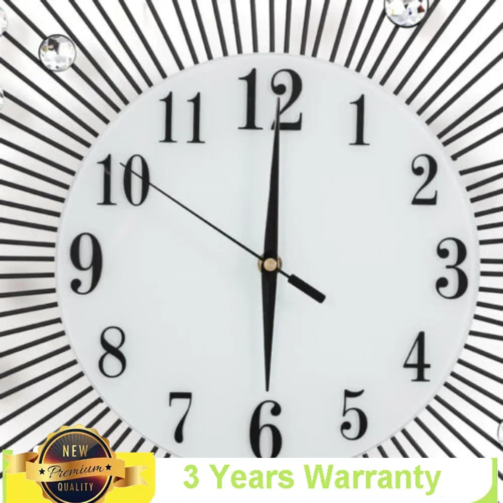 3D Large Metal Sunburst Wall Clock with Diamond Accents, Battery Operated, 60x60cm, Modern Luxury Home Decor