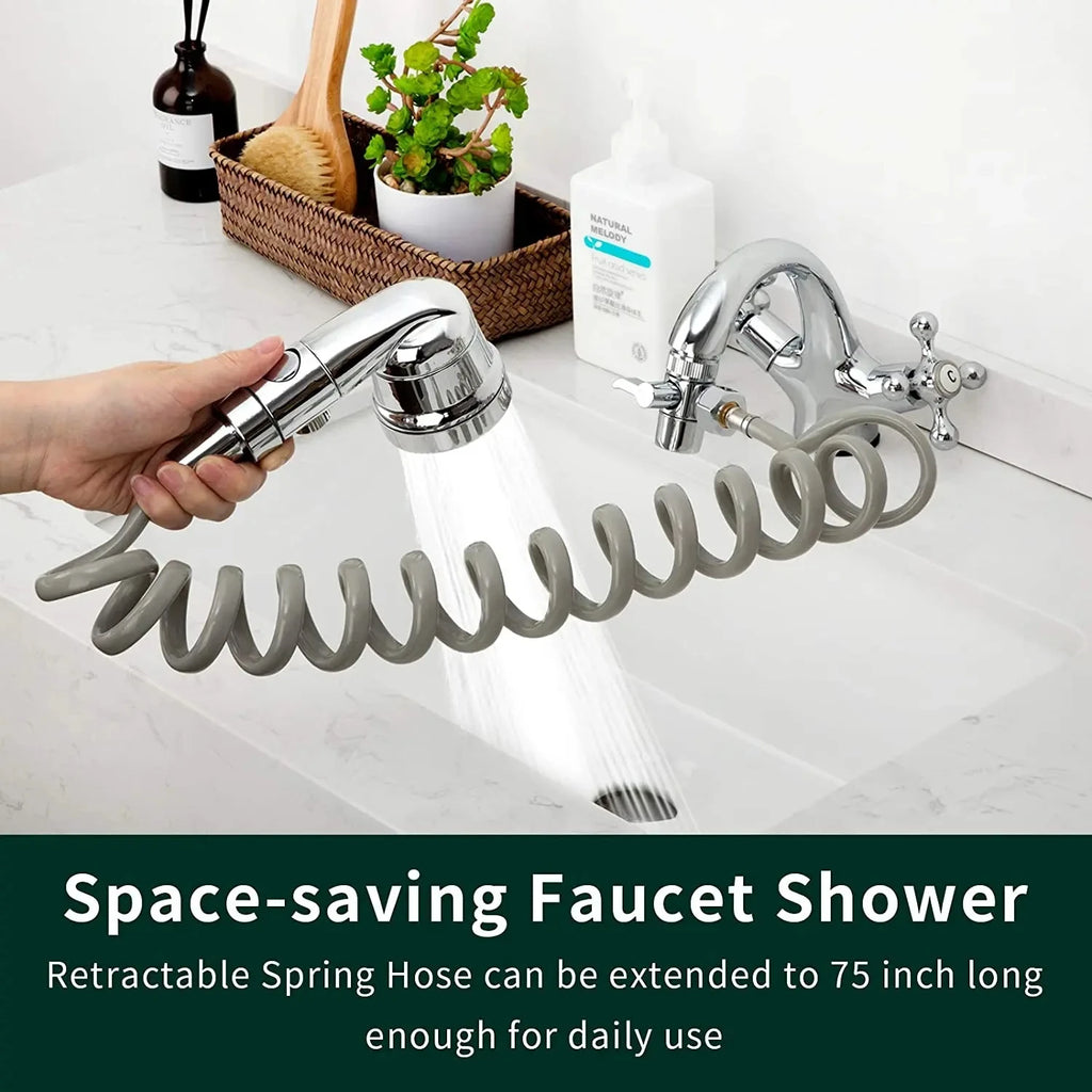 Chrome faucet shower head extender with retractable spring hose, water flowing into sink, set in modern bathroom.